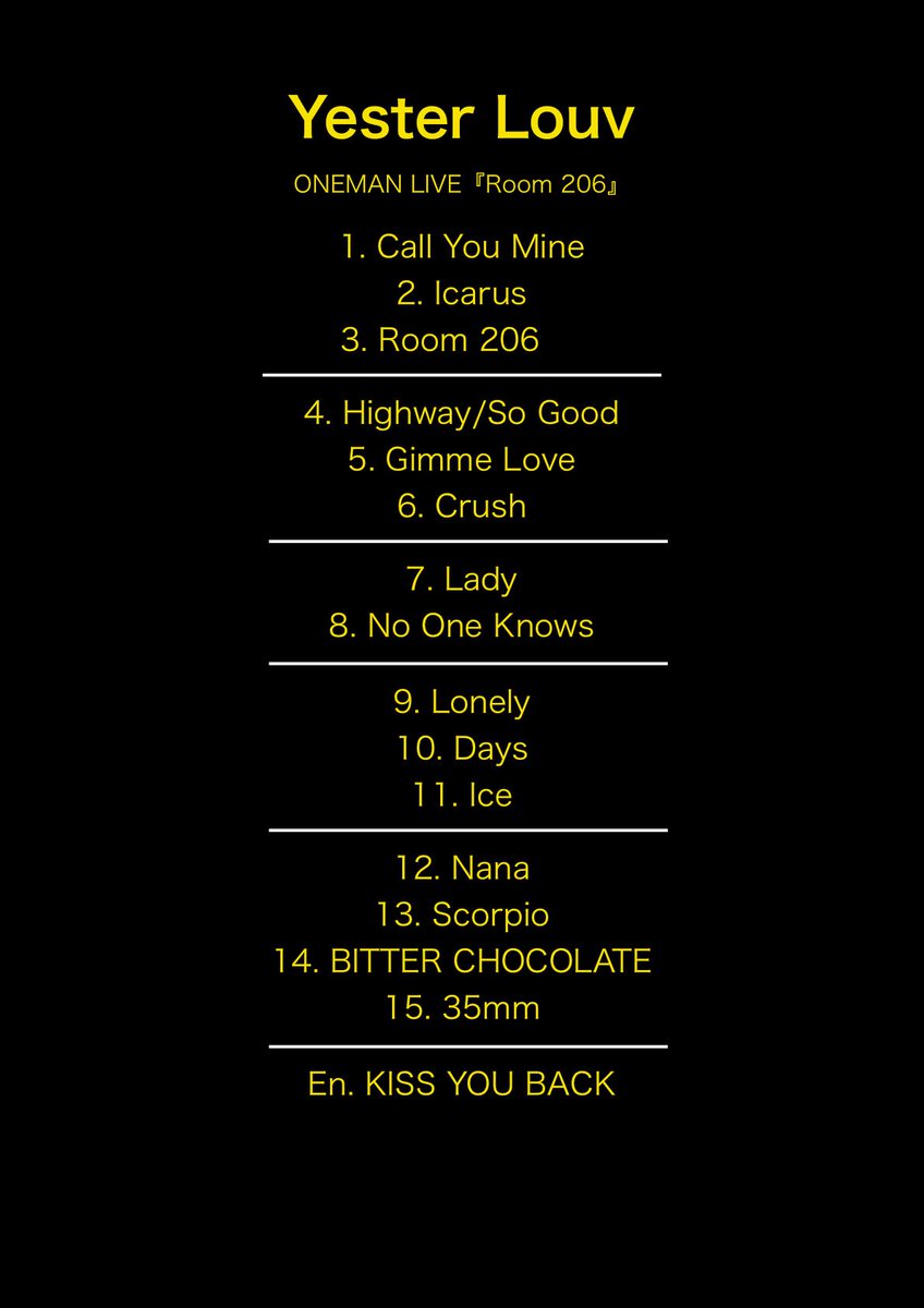 YesterLouv's tweet photo. 2/8 ONEMAN LIVE “Room 206” Setlist👑
改めてご来場いただきありがとうございました！ https://t.co/nkz9AX7ti7