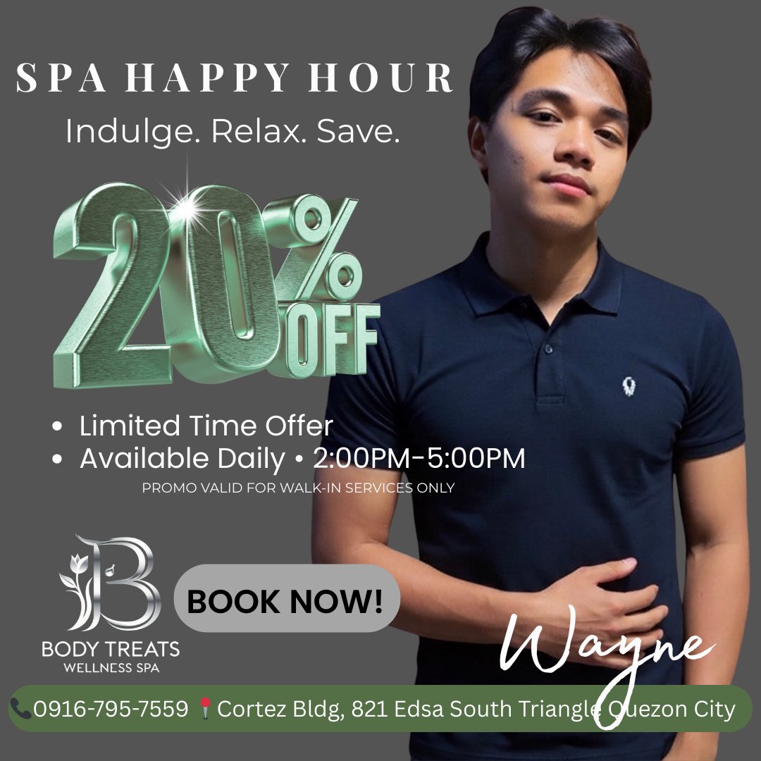 bodytreatsQC's tweet photo. It’s Tuesday, time to treat yourself.
Enjoy our Spa Happy Hour from 2PM–5PM and get 20% OFF — valid for walk-in guests only.

Drop by, relax, and save today.

#TuesdayTreat #SpaHappyHour #WalkInOnly https://t.co/HW1TIAkpEj