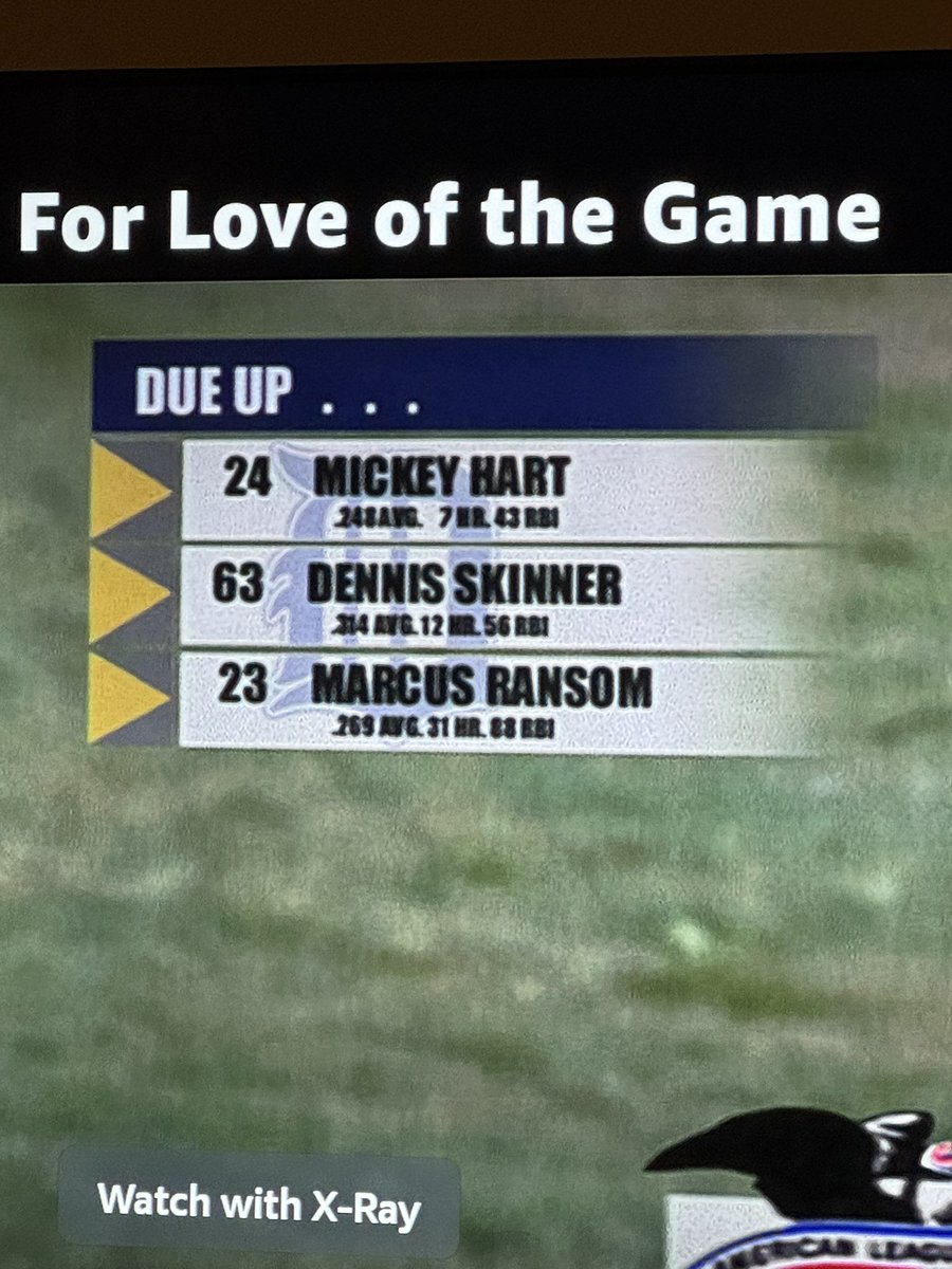 Couldn’t sleep. Stumbled across “For Love of the Game,” which I think is an underrated movie. In all the times I’ve watched it, or parts of it, 
I never noticed that the Yankees had a player named Mickey Hart. #drumsandspace
<a href="/mickeyhart/">Mickey Hart</a> #planetdrum