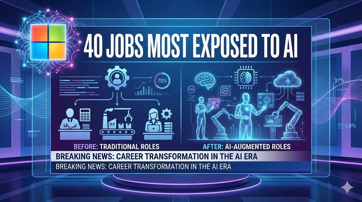MadushaPravind2's tweet photo. 🚨 Microsoft released "The List": 40 jobs most exposed to AI

Writers, teachers, journalists, sales reps—roles heavy in research/drafting/analysis

Key: AI won't replace these jobs. But pros using AI will replace those who don't.

Start learning. Today.

#AI #FutureOfWork https://t.co/ja63Lu7ga3