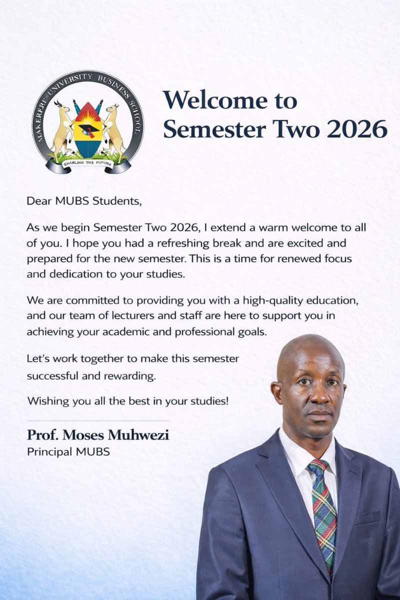 ProfMuhwezi's tweet photo. A warm welcome back to all MUBS students. We wish you a productive and successful semester ahead. 
@MUBSAruaCampus 
@MubsJinja24 
@MubsMbaleCampus 
@MUBSMbarara https://t.co/3cFWx6QPkv