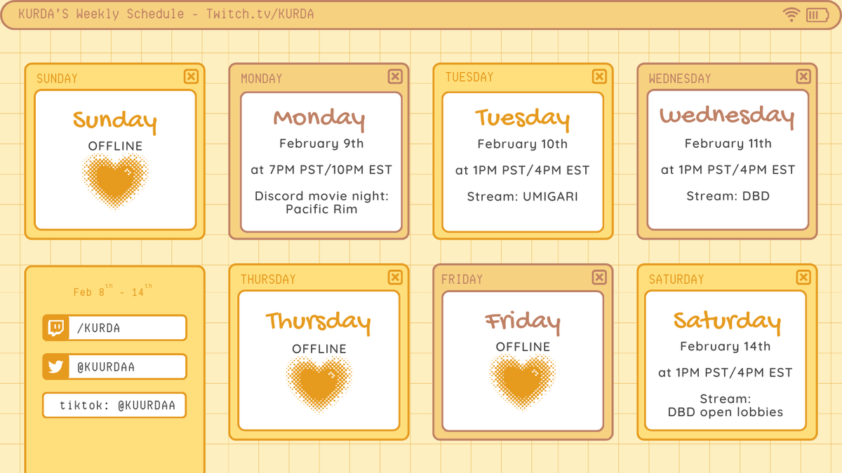 My (late) schedule for the week!!