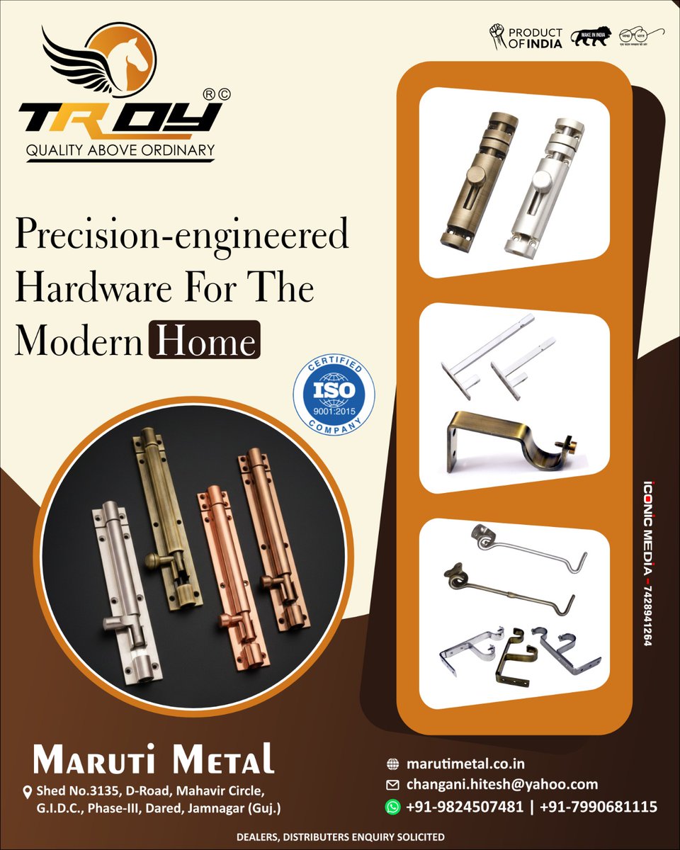 For inquiry via WhatsApp click: V-O-H.short.gy/91-9824507481

MARUTI METAL (JAMNAGAR)

Hitesh Changani-9824507481

Email:changani.hitesh@yahoo.com
Website - troymetal.in 

Premium quality aluminum &amp; S.S Steel Hardware Architectural Fitting