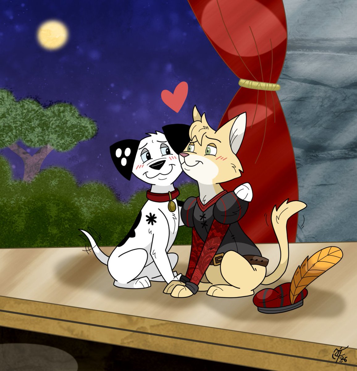 ScooterDoodles's tweet photo. A romantic commission for @BabArt101Dal - Clayton supporting his boyfriend, Louis (@Adri_Gummi's OC), in his role as Tybalt in a park production of "Romeo and Juliet" πΎπ±ππππ #Clayton #Louis #catanddog #dalmatian #cutecouple #shakespeareinthepark #ocart #commissionart https://t.co/oJ0kcArSum