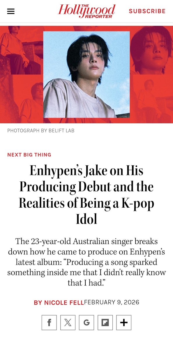 SJYStream's tweet image. JAKE ARTICLE || 260210

"Enhypen’s Jake on His Producing Debut and the Realities of Being a K-pop Idol"

🦮 : “Producing a song sparked something inside me that I didn't really know that I had”

🔗 hollywoodreporter.com/music/music-fe…

#JAKE #ENHYPEN_JAKE #제이크 #엔하이픈_제이크 #ジェイク
