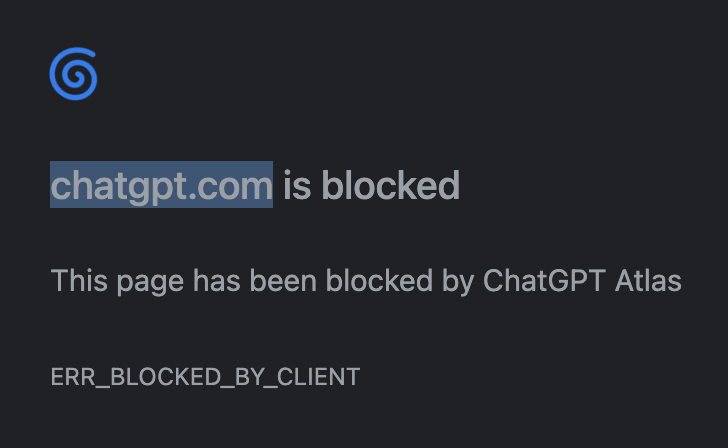 NYTransit's tweet photo. I was trying to delete old ChatGPT chats in bulk. 
Not an option.

Soooo I tried using the @OpenAI  Atlas Browser (which can actually DO things for you) and got this error… 🤔
List of Sites Atlas works with - Banks, Health, IRS...  
@Chase ✅ @AmericanExpress ✅ @IRSnews ✅ @UHC ✅ 

@ChatGPTapp 🚫