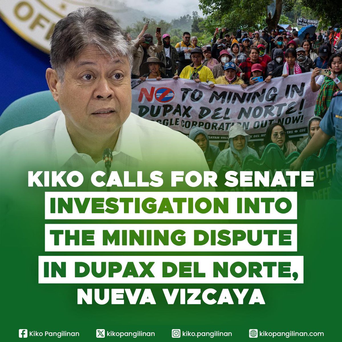 IMBESTIGAHAN ANG MINING DISPUTE SA DUPAX DEL NORTE, NUEVA VIZCAYA

Inihain natin ang proposed Senate Resolution No. 284 para manawagan ng isang imbestigasyon sa Senado hinggil sa pag-isyu ng exploration permit na nagbigay-daan sa isang dayuhang kumpanya na magsagawa ng mining