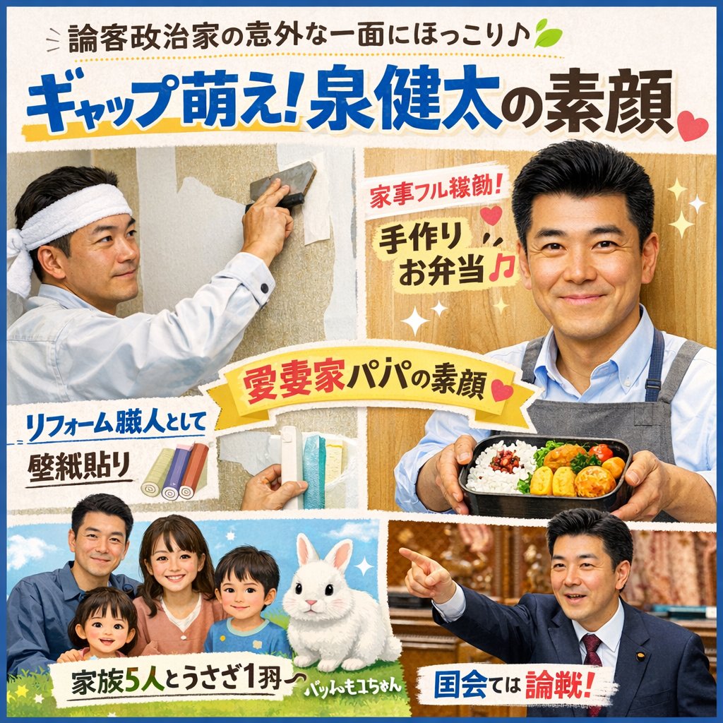 policystyle's tweet photo. 泉健太さんの意外な素顔にほっこり🌿

●家では「リフォーム職人」として壁紙貼り
●妻が体調を崩せば「家事フル稼働」でお弁当も作る
●プロフィールには「家族5人とうさぎ1羽」と記す愛妻家＆パパの顔。

国会での論戦とのギャップが素敵です🐰✨

#泉健太 #中道改革連合 #ギャップ萌え https://t.co/WDL7VLRWwt
