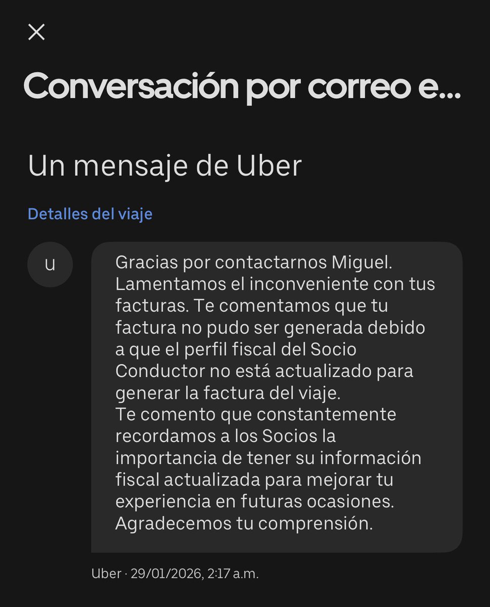 Oye <a href="/SATMX/">SATMX</a> ¿es legal que <a href="/Uber_Support/">Uber Support</a>  <a href="/Uber_MEX/">Uber Mexico</a>  se excuse de entregarme mi factura echándole la bolita al conductor de la unidad? ¿Y ahora cómo te compruebo ese gasto?
