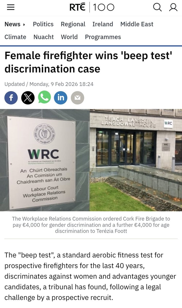 Ok, das ist irre:
Eine Frau in Irland will zur Feuerwehr, schafft den Fitnesstest nicht. Sie bekommt jetzt eine Entschädigung, denn sie wird daurch "diskriminiert", dass *alle denselben Test* schaffen müssen. 
Es müsse Ausnahmen für Frauen und ältere Bewerber geben.
1/2