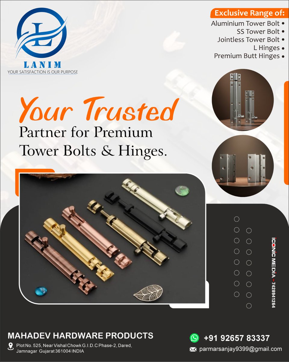 For enquiry via WhatsApp click:-V-O-H.short.gy/91-9265783337

MAHADEV HARDWARE PRODUCT (JAMNAGAR)
Contact:- 9265783337

E-mail:- parmarsanjay9399@gmail.com

Distributor and Wholesaler Enquiries Solicited