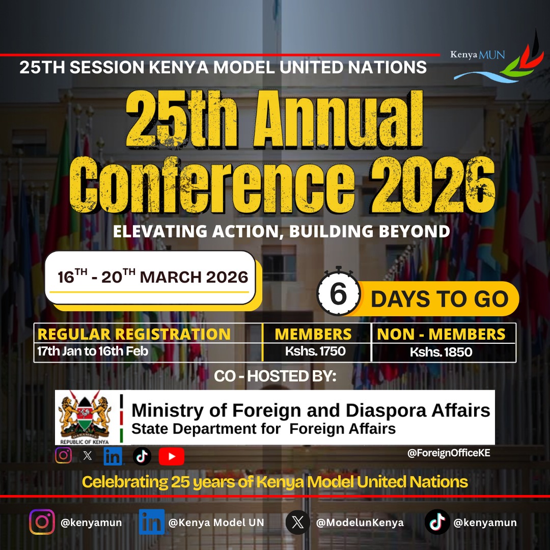 ModelunKenya's tweet photo. 6 DAYS TO GO. The countdown to #KenyaMUN2026 is on! Don’t miss the 25th Annual KMUN Conference powerful debates, bold ideas, and unmatched networking. Register now & secure your seat at the table.
#25YearsOfKMUN #6DaysToGo https://t.co/Et3xbUlKRk