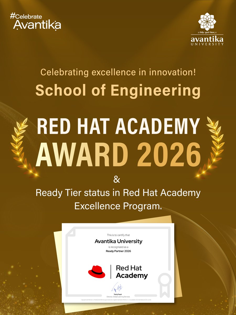 Proud to share that the #SchoolofEngineering at Avantika University has been recognized with the #RedHatAcademyExcellenceAward 2026, achieving Ready Tier status in the Red Hat Academy Excellence Program. 🚀

Read More: avantikauniversity.edu.in/university-new…