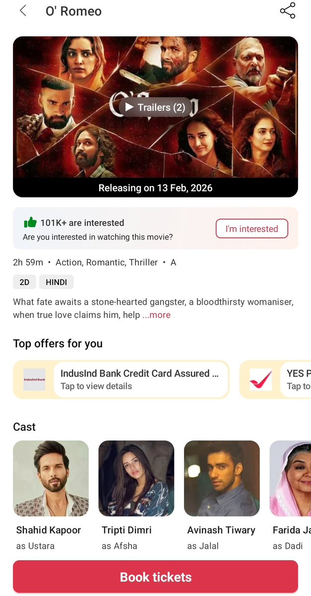 Advance Booking Open for "O Romeo" 

Buzz is good 💯 

Movie will open in double digit 🔥 🔥 🔥 🔥  for sure 

Book your tickets 🎟️ 🎟️ 🎟️ 

#shahidkapoor #TriptiDimri #VikrantMassey #VishalBhardwaj