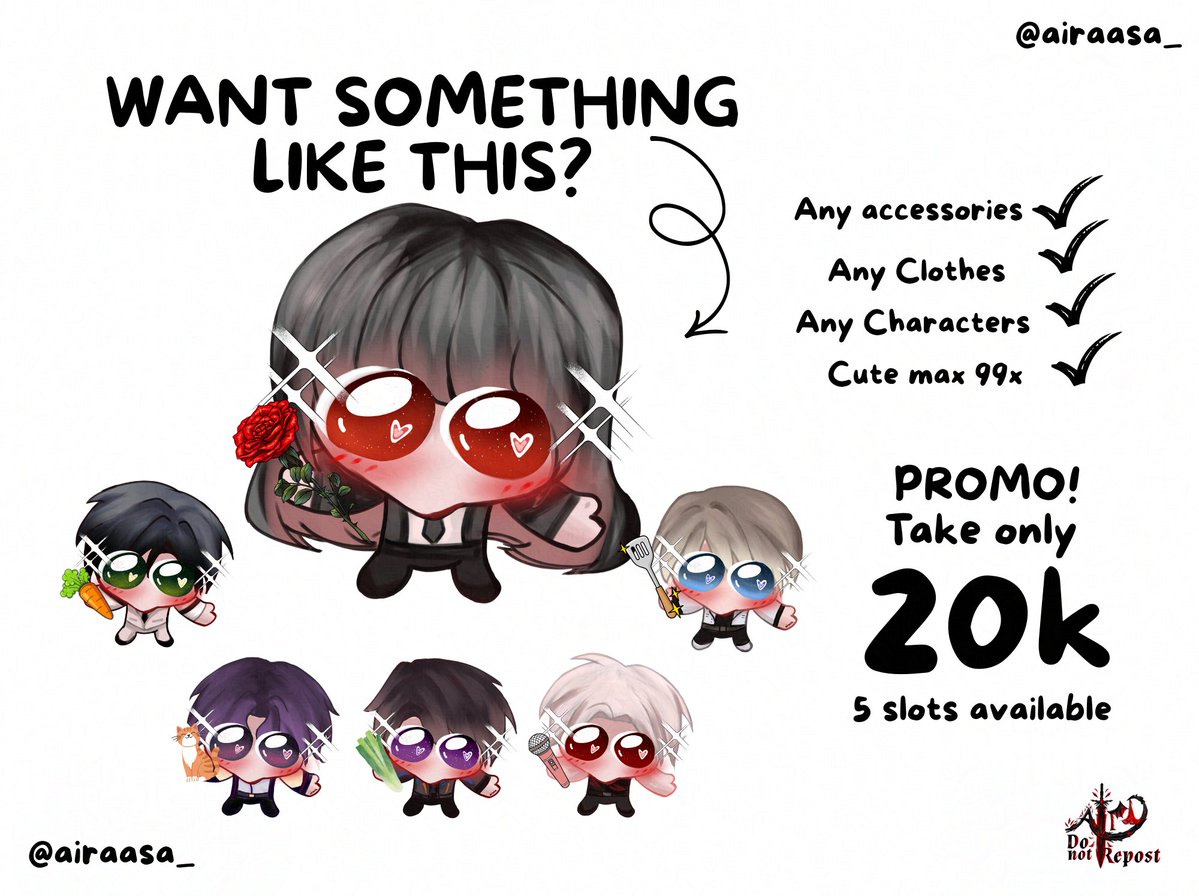 airaasa_'s tweet image. Tes ombak 

Karena banyak yg suka, aku bikin promo buat chibi ini, semisal full slot besoknya aku bikin pl permanennya dan tentu aja harganya beda yaww 😙

#opencommission #commissionsopen