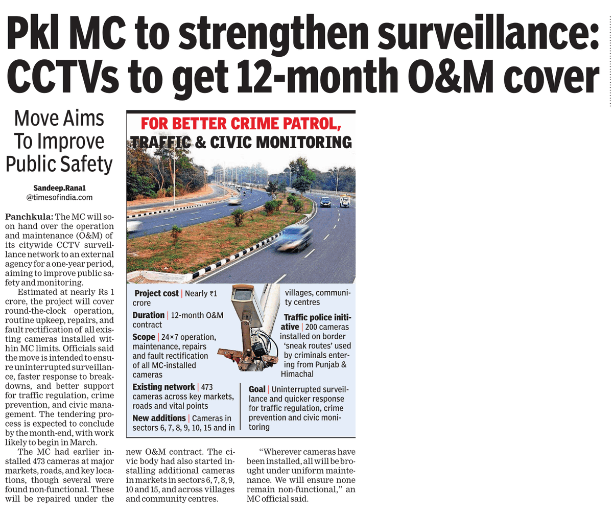 SandeepRanaChd's tweet photo. . #Panchkula MC to strengthen surveillance: #CCTVs to get 12-month O&M cover
@MC_Panchkula
https://t.co/eAeGWDmSZY https://t.co/N72lMCLeWc