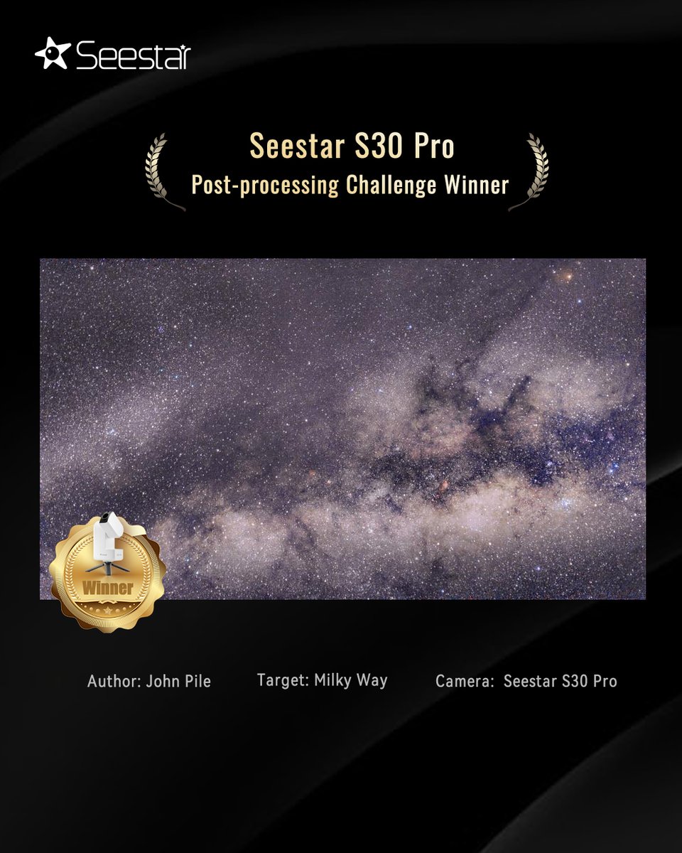 Seestar_astro's tweet image. ✨ #SeestarS30ProChallenge — Winners Announced! ✨
Thank you to everyone who took part in the Seestar S30 Pro Post-Processing Challenge.

🏆 Winners：
🥇 M31 Winner: Claudio Girleanu

🥇 Milky Way Winner: John Pile

Congratulations to both winners! 🎉

#Seestar #SeestarS30Pro