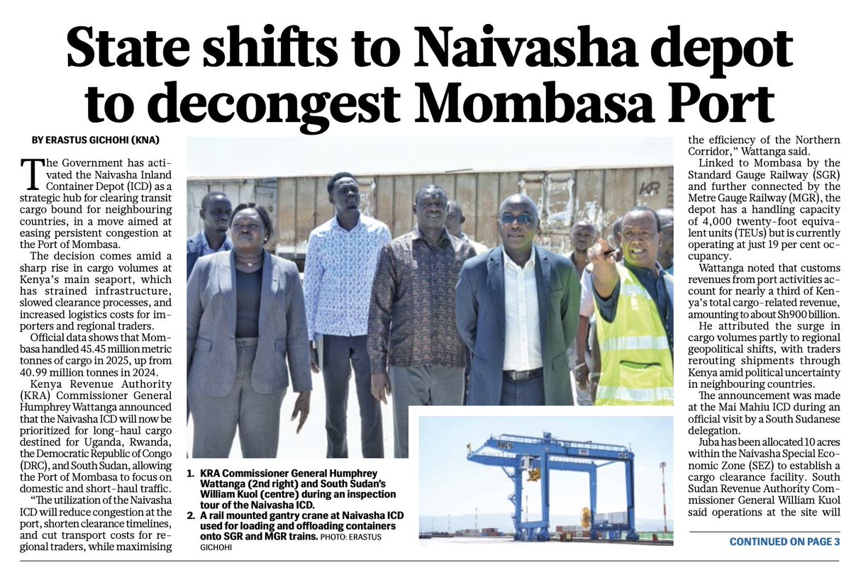 Kenya activates the Naivasha Inland Container Depot to ease pressure at the Port of Mombasa.

The facility, linked by SGR and MGR, can handle ~4,000 TEUs but is operating at just 19% occupancy, with transit cargo for Uganda, Rwanda, DRC and South Sudan now set to be prioritized