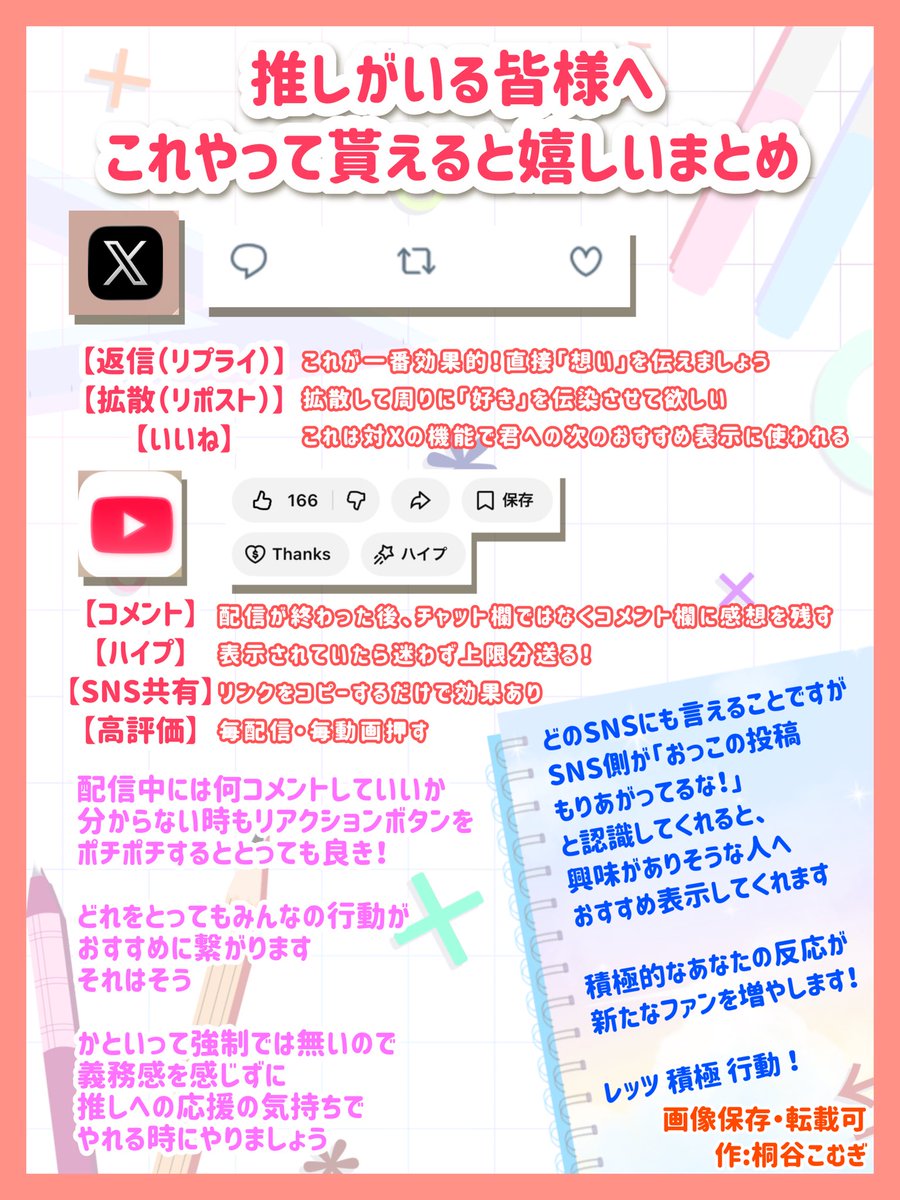 ？なんで推してるのに〇〇しないの？
みたいな構文最近よく見るんですがシンプルにYouTubeの構造知らないだけの人が多数❕

なのでやって貰えると嬉しいことを挙げておきます🫶💗✨
もちろん強制じゃないし、知った上でどう行動するかはみんな次第だよ🌸

転載可🙆‍♀️