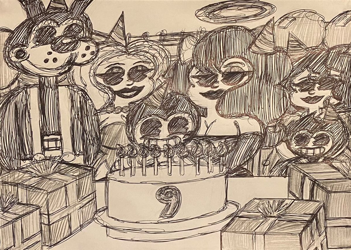 Liamsexton131's tweet photo. Happy 9th anniversary to Batim, next year is the big one! 

#batim #batdr #bendylonewolf #bendythecage #bsotm #batif  #bendymovie #bendythedancingdemon #boristhewolf #aliceangel #oliviaotterbourne #daisydemon #evandemon #batimoc #drawing https://t.co/u7LUikA9bA