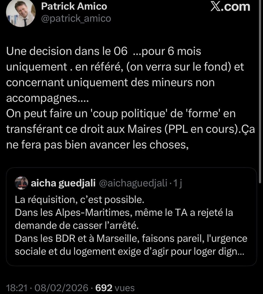 <a href="/AudreyGarino/">Audrey Garino</a>, votre collègue <a href="/patrick_amico/">Patrick Amico</a> l’assume mieux que vous, le <a href="/PrintempsMrs/">Le Printemps Marseillais ☀️</a> est contre la réquisition, même en changeant la loi, même pour 6 mois.

Sans doute car ça lui fait trop de papier à remplir, c’est fatiguant les papiers. 

👇