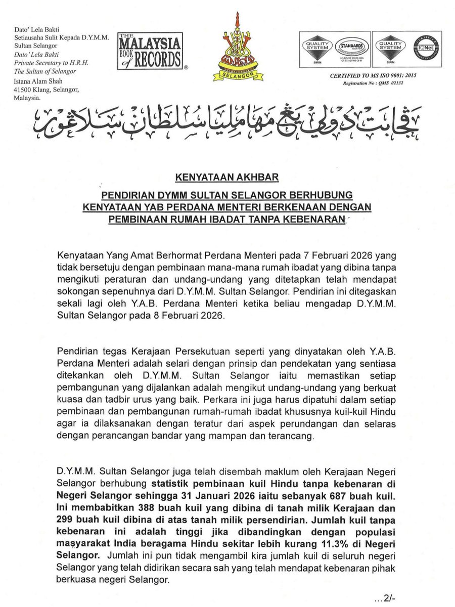 SelangorRoyal's tweet image. 10 Februari 2026 ~

Kenyataan Akhbar DYMM Sultan Selangor mengenai pembinaan rumah ibadat tanpa kebenaran.