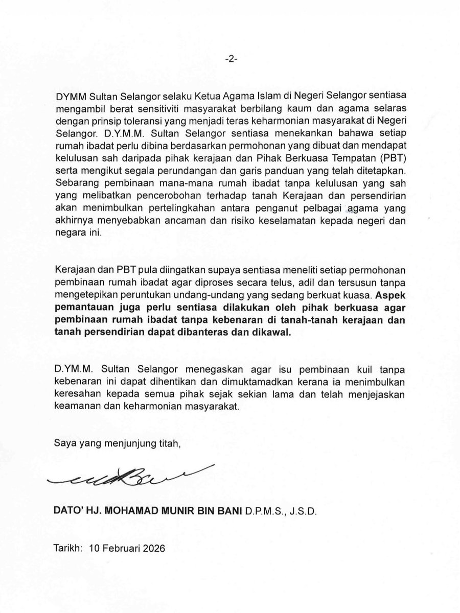 SelangorRoyal's tweet image. 10 Februari 2026 ~

Kenyataan Akhbar DYMM Sultan Selangor mengenai pembinaan rumah ibadat tanpa kebenaran.