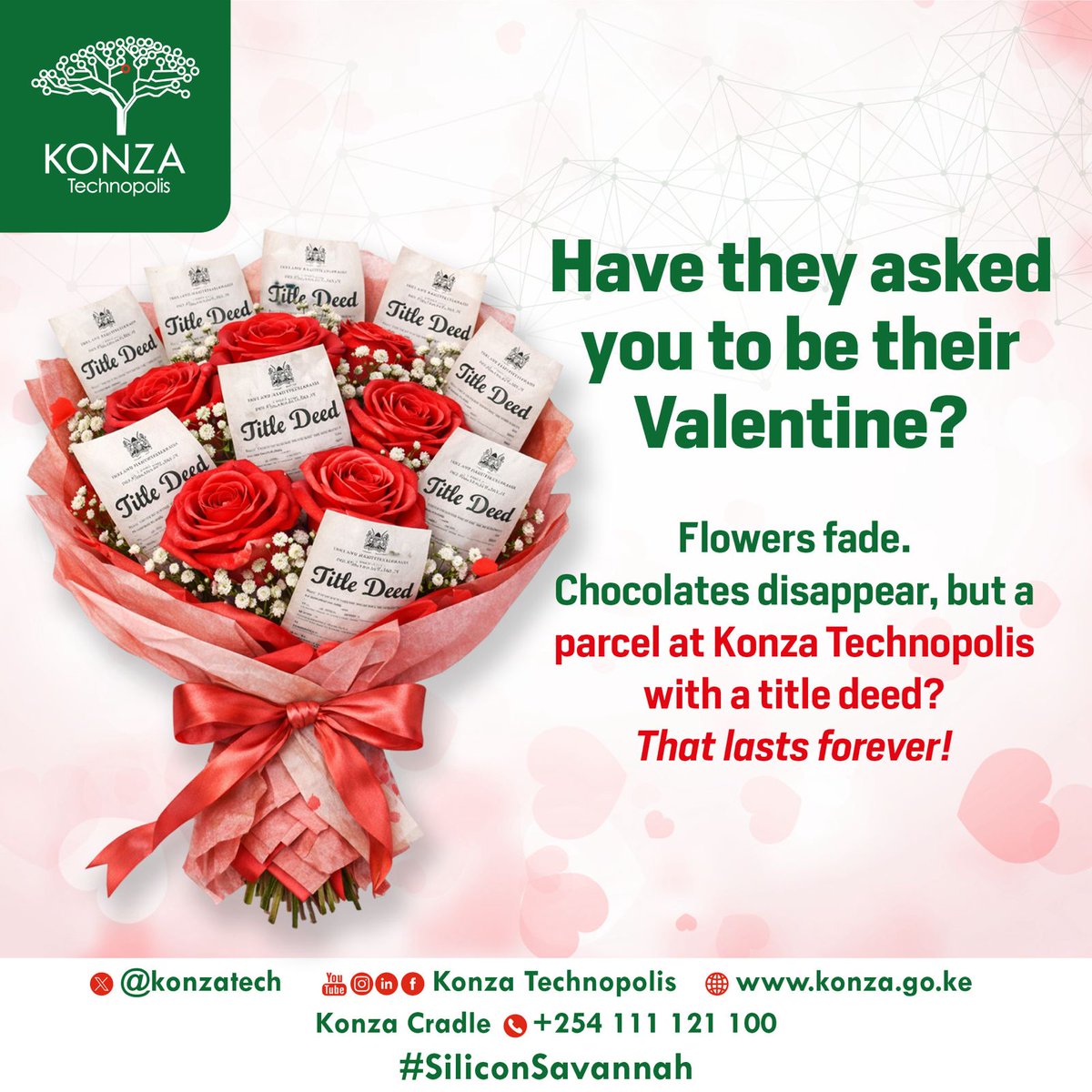 konzatech's tweet photo. Anyone can buy roses, but gifting a Konza Technopolis parcel with a title deed? Now that says commitment. 

This Valentine’s, invest in love that stands the test of time, by owning a piece of #SiliconSavannah 

Invest in a secure, serviced parcel, backed by infrastructure and future growth.

Contact us: 
Email: konza@konza.go.ke 
Call: +254 111 121 100
 #InvestInKonza