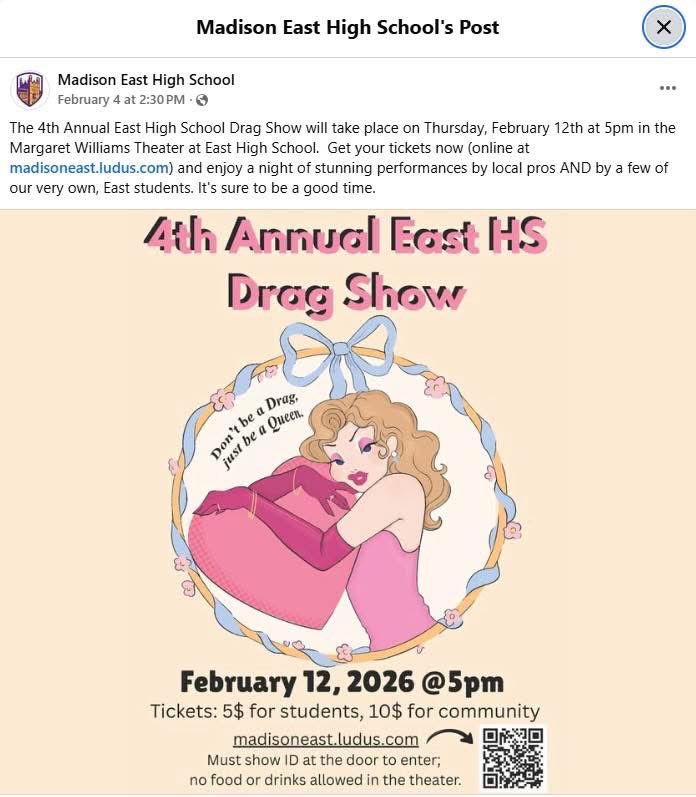 scarlett4kids's tweet image. Madison East HS is hosting an adult drag show(ID’s are required).  They don’t have girls bathrooms anymore either.  There are male bathrooms and then there are bathrooms for anyone who doesn’t identify as a male. How nice for the girls. But hey, “don’t be a drag, just be a