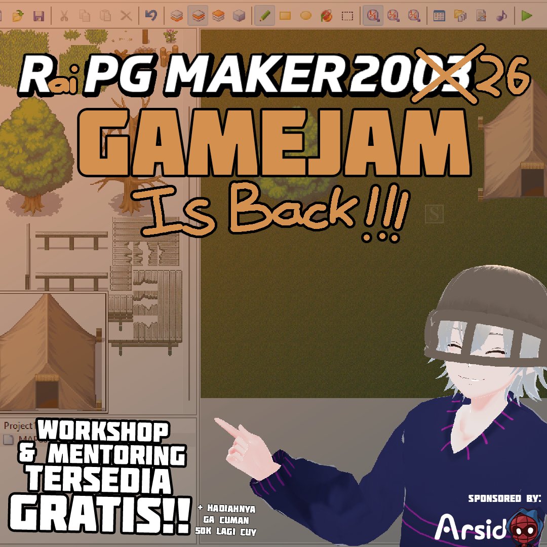 SURPRISEE!!
RaiPG Maker GameJam kembali lagi!

Kali ini tidak ada batasan penggunaan versi RPG Maker dan ada Workshop + Mentoring buat kalian yang masih awam di dunia game development!

GameJam ini akan berlangsung dari tanggal 23 Februari sampai 1 Maret 2026.