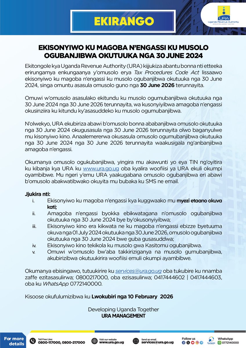 Seashore256's tweet photo. #URAPublicNotice
Ggwe wenna abadde yeebuuza ebikwata ku kisonyiwo ku musolo, soma ekirango kino 👇
#URATaxWaiver #FfeBanno https://t.co/DlRrq4js2U