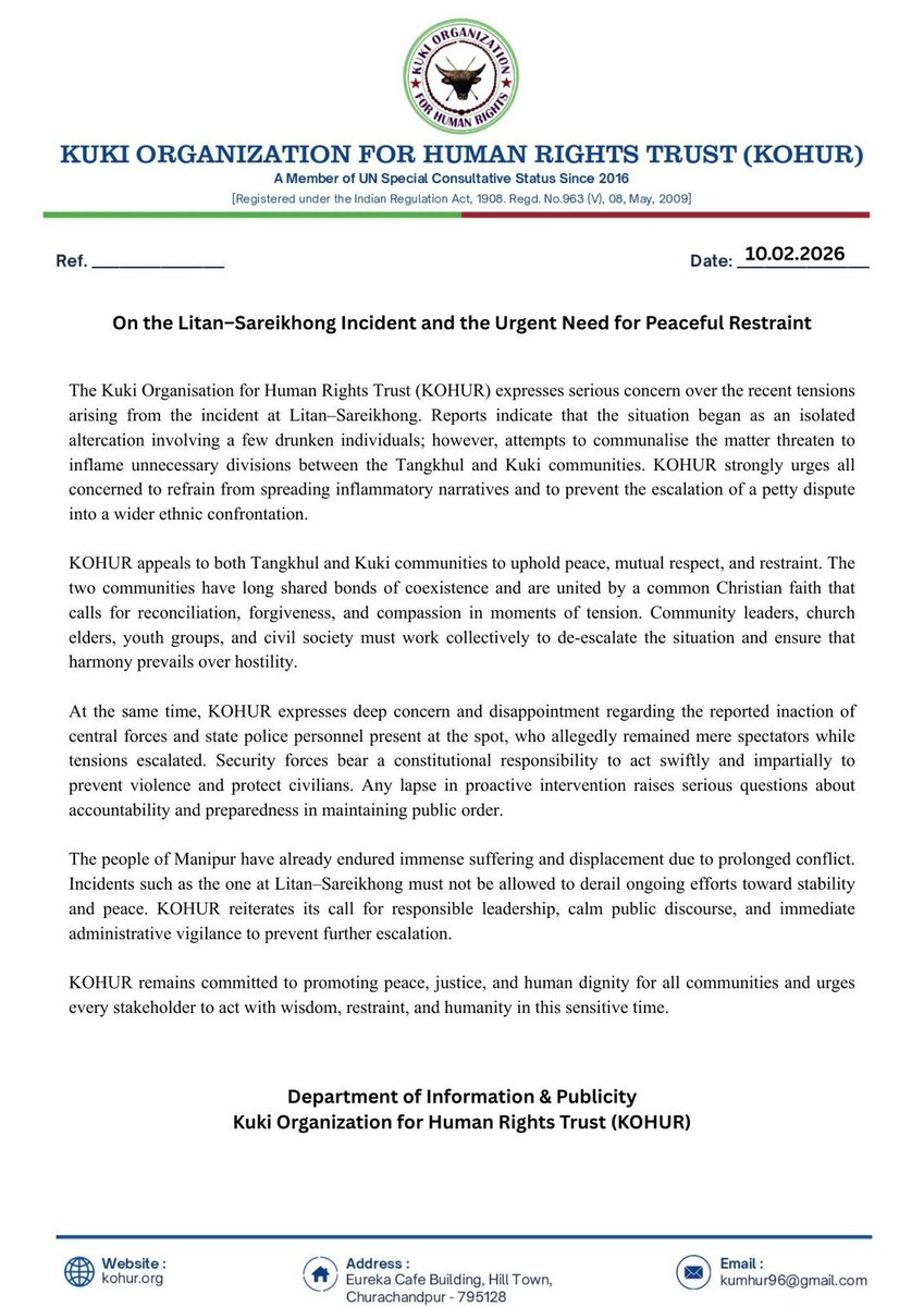 Kuki Organisation for Human Rights Trust (KOHUR) urges both Tangkhul and Kuki communities to maintain peace and not allow an isolated drunken brawl at Litan–Sareikhong to be communalised, reminding all that shared Christian values call for restraint and reconciliation.