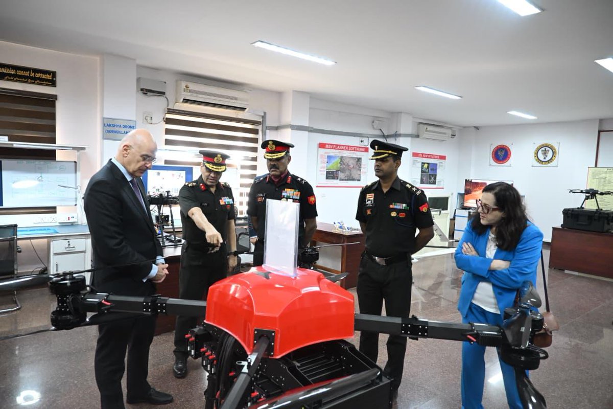 adgpi's tweet photo. Hon’ble Defence Minister of Greece, Mr Nikolaos Dendias, visited Bengaluru Military Station on 08 Feb 2026. During the visit, he witnessed the Indian Army’s operational and technical capabilities at 515 Army Base Workshop, including indigenous drone and simulator technologies, along with equipment displays by elite Special Forces and Combat Engineers.

The visiting dignitary commended the professionalism, innovation and preparedness of the Indian Army, highlighting its continued commitment to transformation and self-reliance.

#IndianArmy 
#ABW
@DefenceMinIndia
@SpokespersonMoD