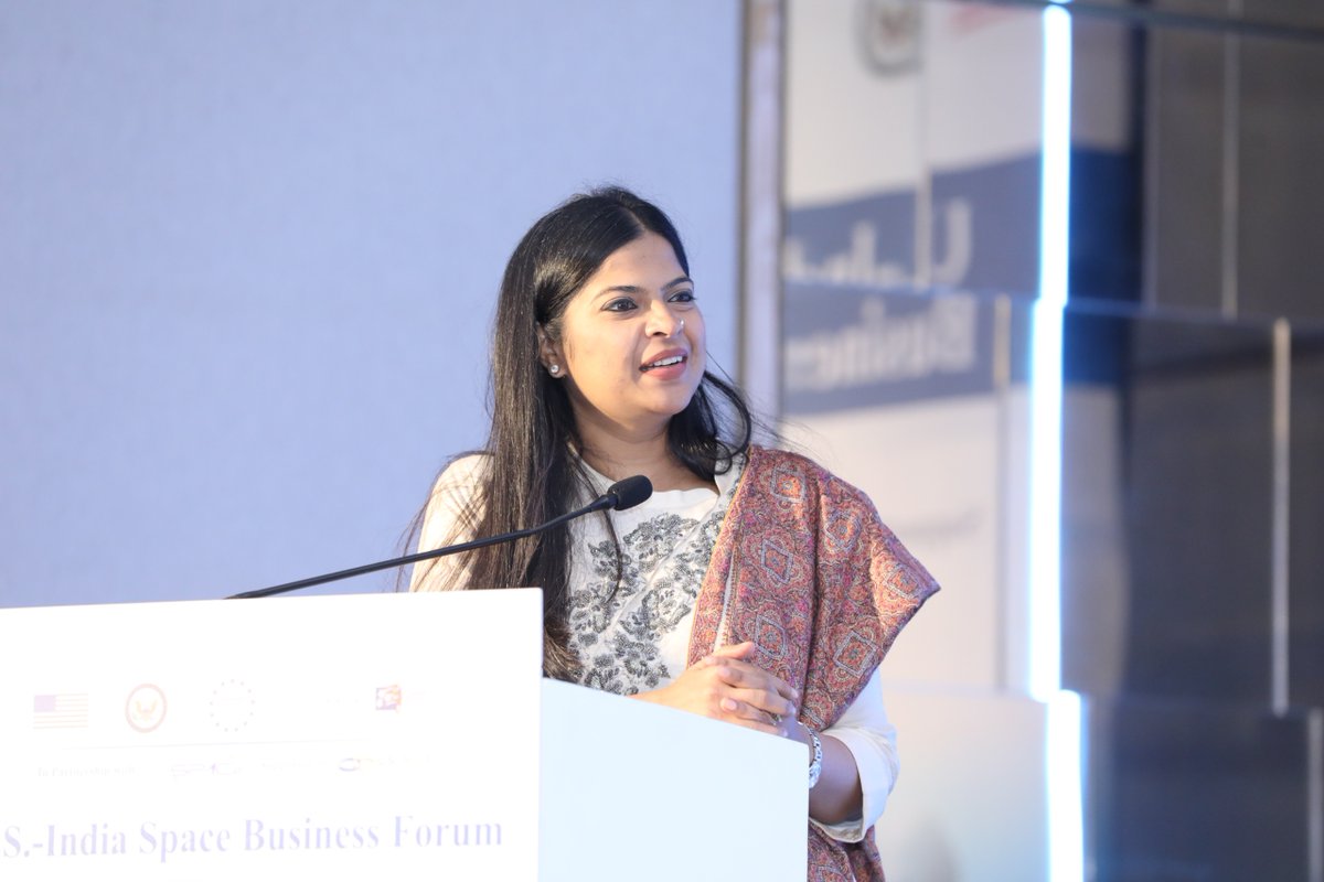USISPForum's tweet photo. 🚀🪐🌌We kicked off the U.S-India Space Business Forum in Bengaluru, India, with opening remarks by @nivymehra, Managing Director - India, @USISPForum. 

In her address, Nivedita highlighted how exactly a year after President Trump and Prime Minister Modi inked the U.S.-India TRUST,  U.S.-India space collaboration has deepened, with increased investments from the private sector and stronger inter-agency partnership.