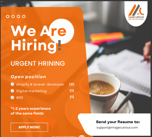 MagecuriousC's tweet photo. Weβre Hiring | MageCurious
Shopify & Laravel Dev (2)
Digital Marketing (1)
BDE (1)
1β2 yrs experience required.
Apply: support@magecurious.com
#Hiring #Careers #Shopify #Laravel #DigitalMarketing #BusinessDevelopment #MageCurious https://t.co/VWzRSere7B