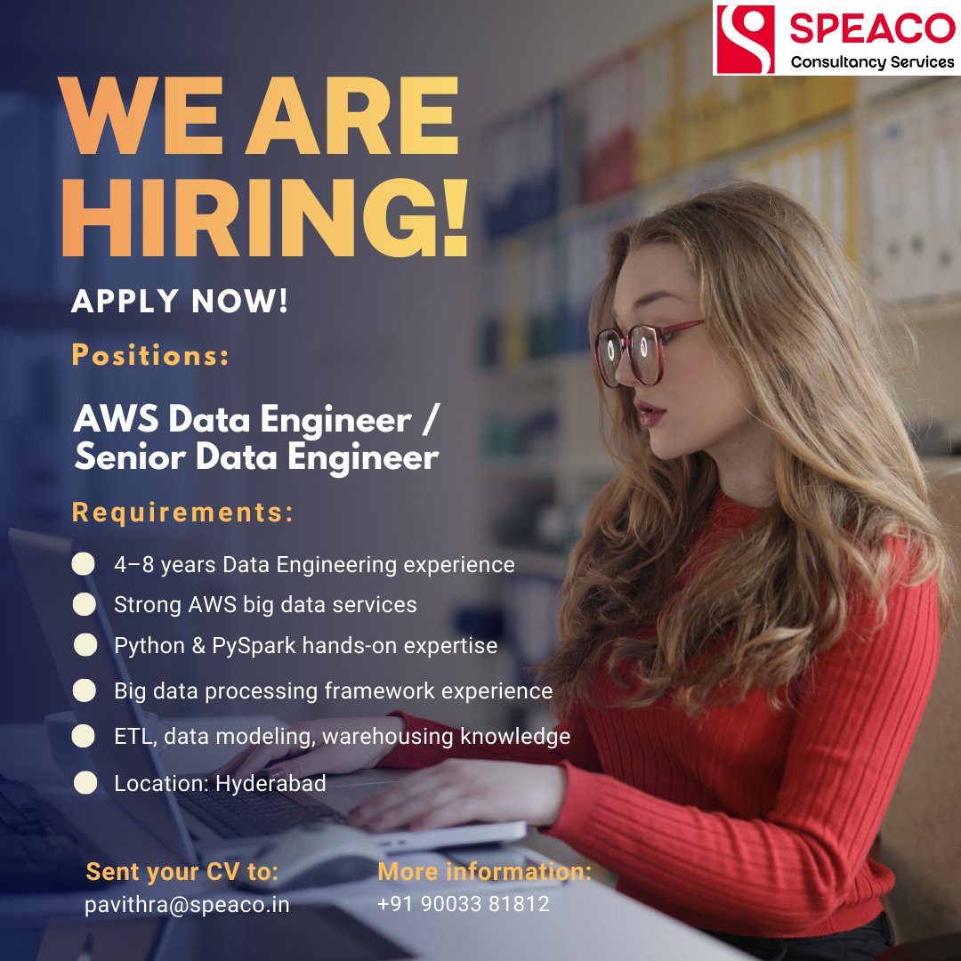 Hiring | AWS Data Engineer / Senior Data Engineer Hyderabad | 4–8 Yrs ...
