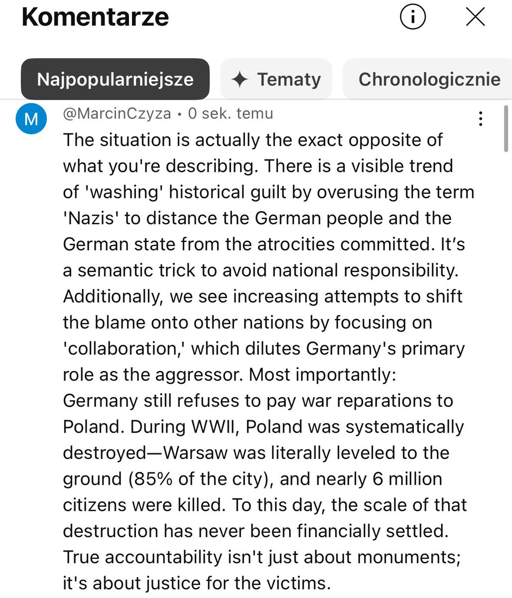 Trevor Noah w swoim najnowszym materiale (już ponad 1 mln odsłon!) stawia Niemcy za wzór rozliczania się z historią. Twierdzi, że Niemcy doskonale nauczają o swojej winie oraz, że wypłacili reparacje za swoje czyny! Chyba znów czas na akcję uświadamiającą. 👍 mój komentarz.