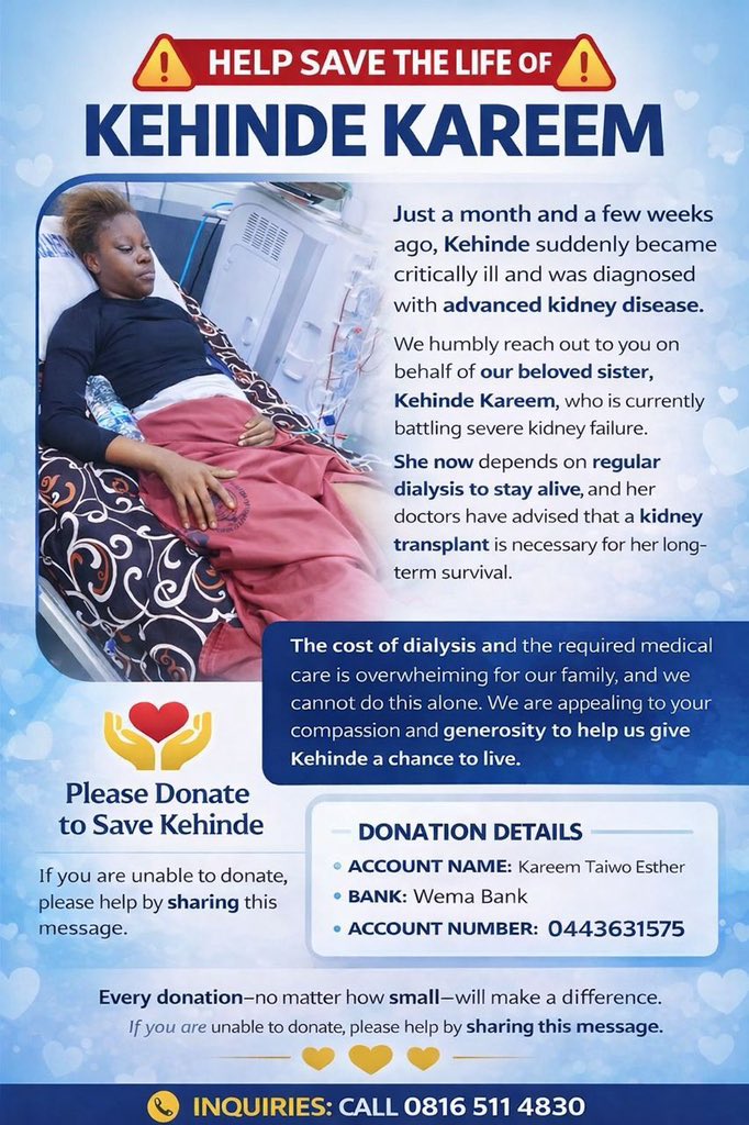 Omoilorin001's tweet photo. A Brother Lost His Mom, Raised his Sister and now Life wants more 💔

I never thought I’d come here to do this but life has a way of bringing the unexpected. Opeyemi is a brilliant guy whose education was affected by the loss of his mom when he was in school. 

But he also has two sisters who are his responsibility. Since the death of their mom, he’s been the sole provider. He recently put the two sisters into the university but unfortunately, one of the sisters fell sick over a month ago. 

At the hospital, the verdict came: Kidney Failure. 💔

She needs to undergo transplant and a sum of 50 million is needed for this. Pls, your donations and retweets are needed to save Kehinde’s life. 🥹🥹

8165114830
Palmpay 
Kareem Taiwo

0443631575
Kareem Taiwo Esther
Wema Bank

🙏🙏🙏
