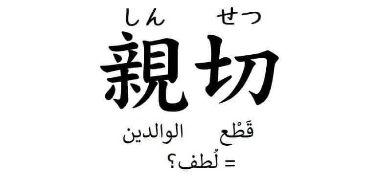 عند تأمل الرمزين المكونين لكلمة 親切 فأول ما سيتبادر إلى الذهن المعنى 親を切る (قَطْعُ الوالدَيْن). فكيف لكلمة بمثل هذا المعنى الفظيع أن تدل على اللطف؟
ورد أن الرمز 親 هنا لا يعني (الوالدان) بل يعني (الود) كما في كلمة 親しい (ودود).
أما الرمز 切 فمن معانيه (بالغ "كذا") للدلالة