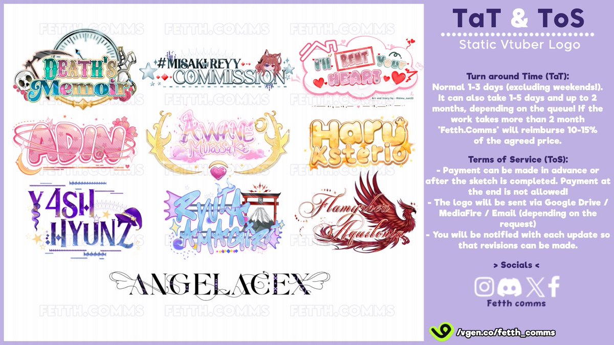 Fetth.Comms is open for Logo Commission! Only for $20 and its Commercial use included 💜

- Vgen : ORDER HEREE (help me get verified) 
vgen.co/fetth_comms
Other socials and info :fetthcomms.carrd.co

♡︎/⟳ is very appreciated  ˗ˋˏ ♡ ˎˊ˗
#Commission #VGenComm #Artmoots