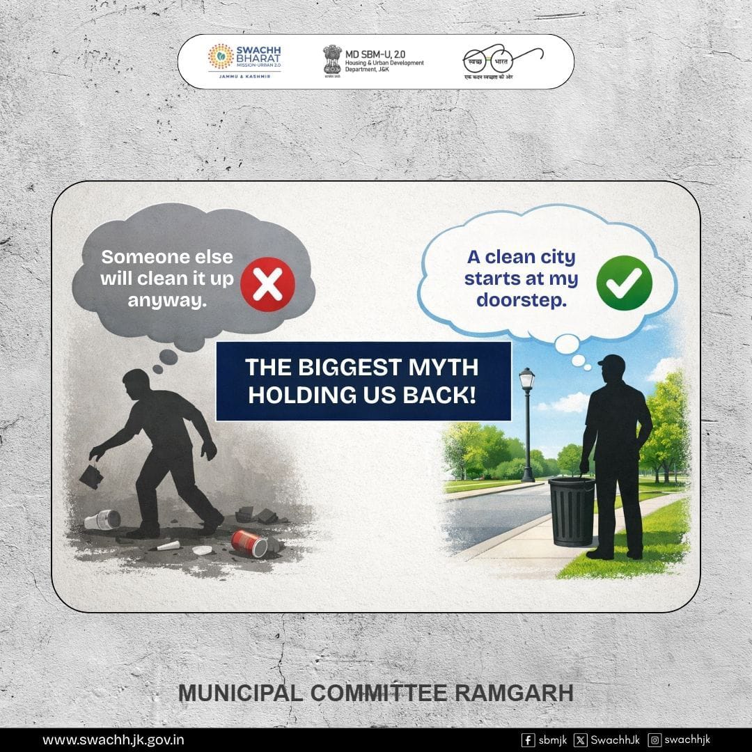 swachhramgarh's tweet photo. THE BIGGEST MYTH HOLDING US BACK..
@JKHUDD1
@OfficeOfLGJandK
@SwachhBharatGov
@SwachhJk
#cleanRepublicDay
@dcsambaoffice
@JammuUlb
#cleanRepublicDay
@MoHUA_India
@SwachSurvekshan https://t.co/ieN1L6m8XQ