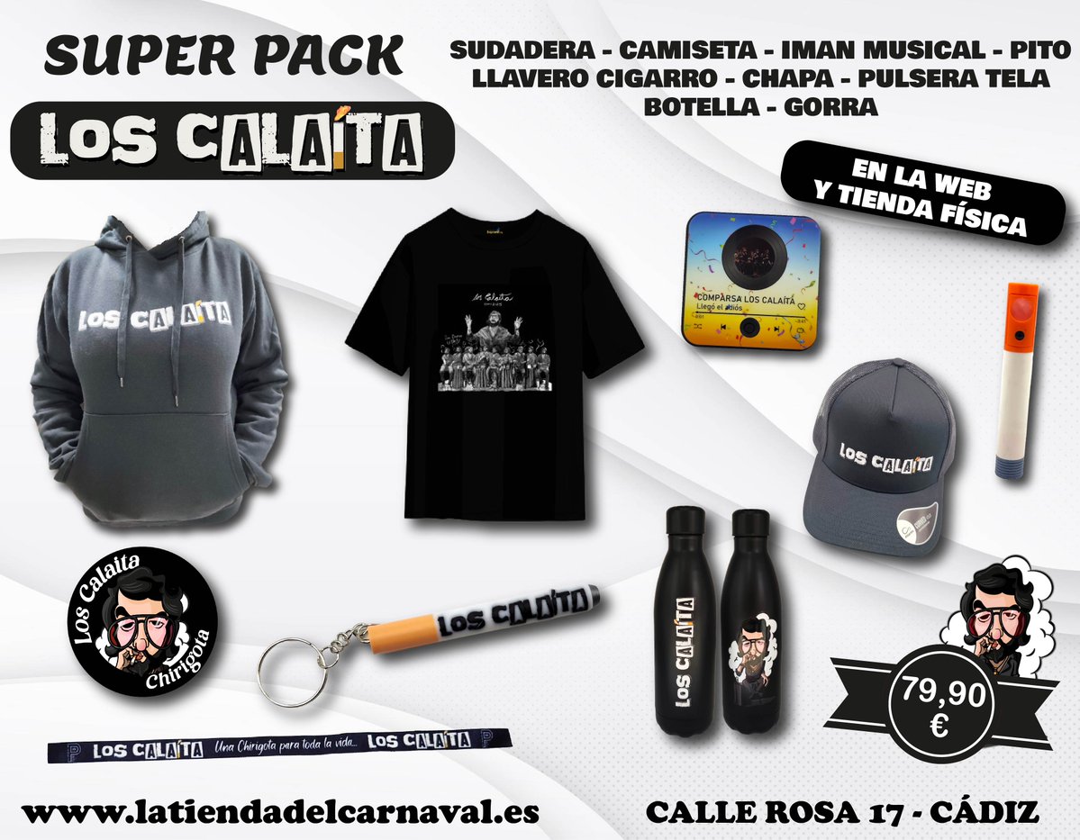 🎭🔥 Packs de tu chirigota favorita: LOS CALAÍTA 🔥🎭

Llévate los packs especiales con los artículos de Los Calaíta y aprovecha las ofertas exclusivas.

💥 Más arte, más guasa… ¡y al mejor precio!

latiendadelcarnaval.es/categoria/los-…

#latiendadelcarnaval #cadiz #carnavaldecadiz