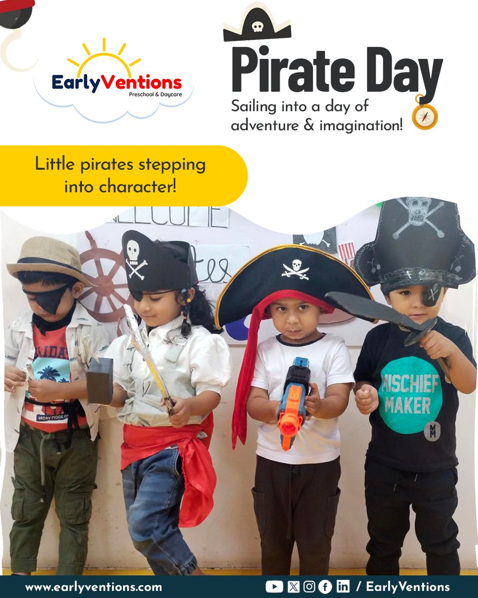 Cardboard ships, pirate hats, and eyes full of excitement. Pirate Day was all about letting imagination take the lead as our little ones dressed up, sailed together, and created their own stories through play.

#PreschoolInBangalore #PremiumPreschool #CorporateDaycare #EV