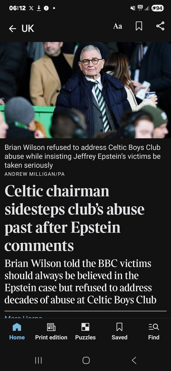 What an odious club.  

"The chairman of Celtic Football Club has been accused of hypocrisy after he insisted that Jeffrey Epstein’s victims must be believed and taken seriously, but refused to discuss the sexual abuse scandal at his own club"

Wilson is a hypocrite.  All
