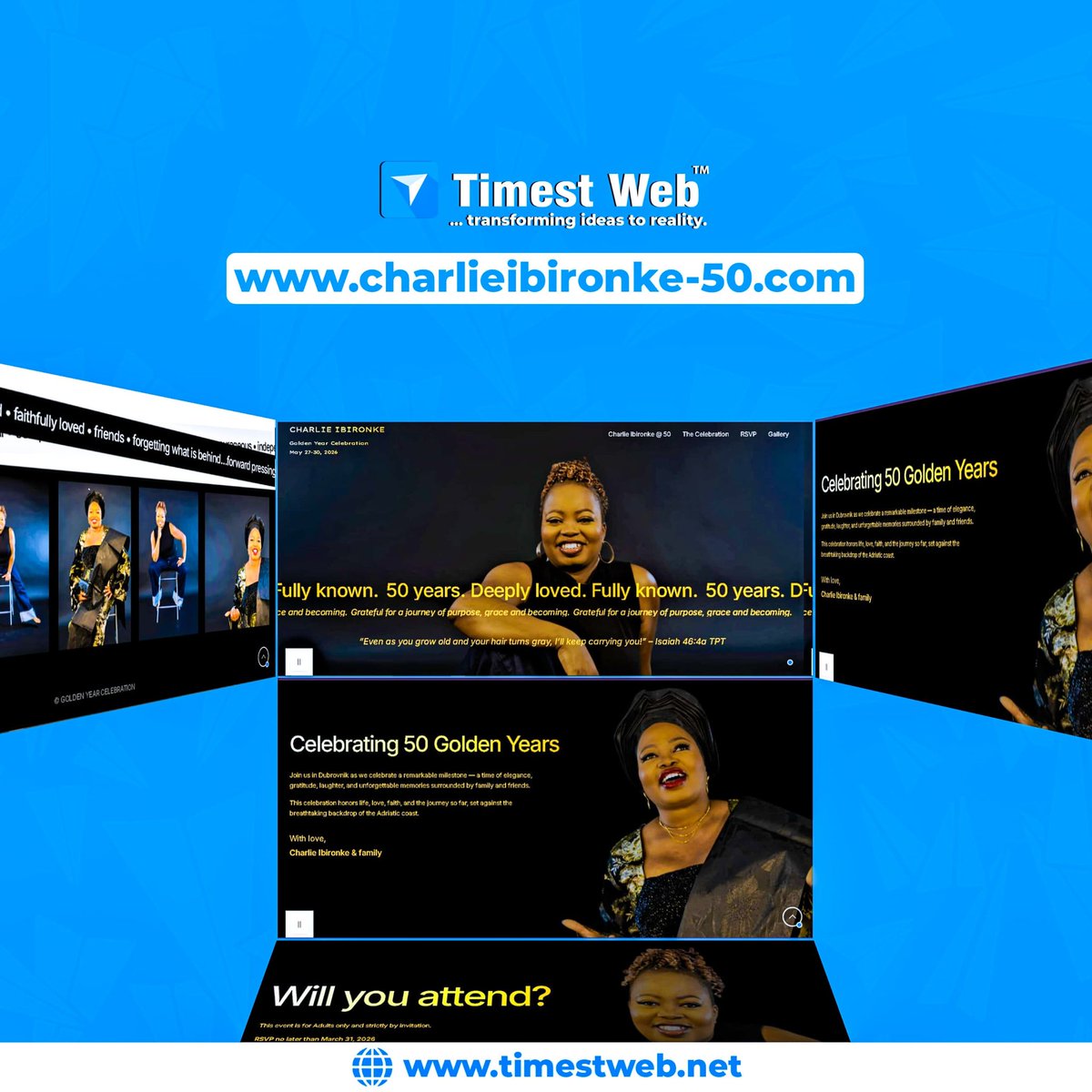 TimestWeb's tweet photo. A golden celebration deserves a digital home.

The website for Charlie Ibironke’s 50th celebration is now live!

Have you checked it out yet? 👀

👉 https://t.co/MyyVFzTyGD

#website #timestweb #usa #nigeria #uk https://t.co/AWDrjQ16oY