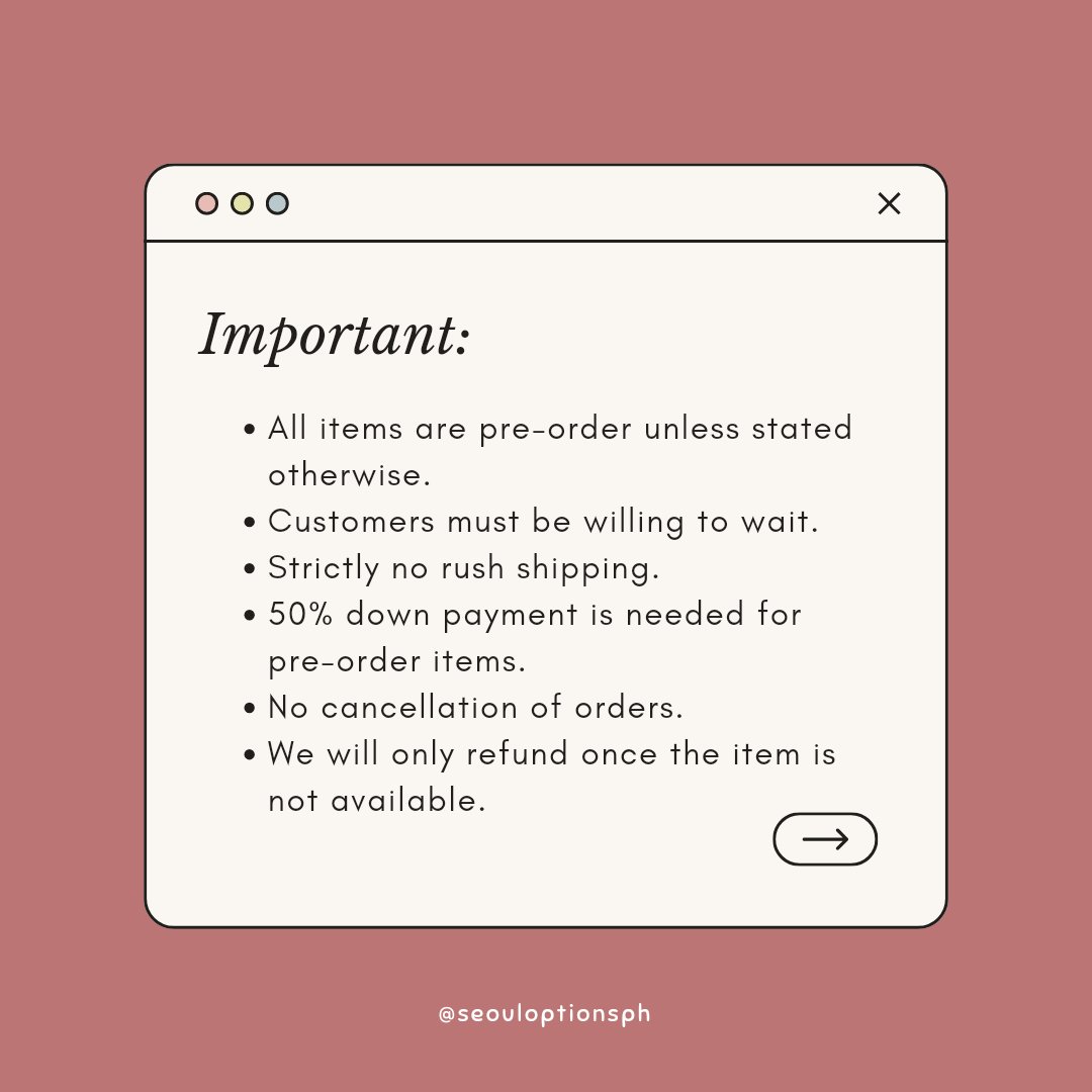seouloptionsph's tweet photo. Please read before ordering:

Preorder - #seouloptionsGO
Onhand - #seouloptionsONHAND
Updates - #seouloptionsUPDATES
Feedback - #seouloptionsFEEDBACK
Giveaway - #seouloptionsGA

Kindly mention after sending DM.
For a faster reply, send us a message here: https://t.co/KHQ9sx8Kbi https://t.co/1FHEBui3b2