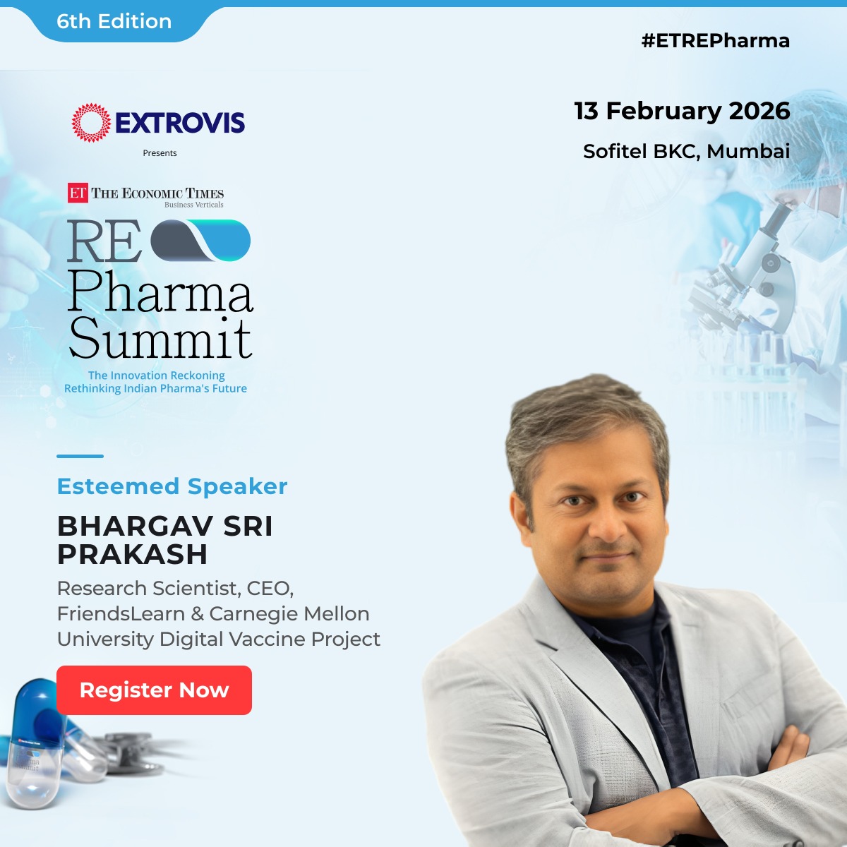 ETPharma's tweet photo. Bhargav Sri Prakash, Research Scientist and CEO at FriendsLearn, and part of the Carnegie Mellon University Digital Vaccine Project, will bring a cutting-edge perspective to the ET RE-Pharma Summit 2026.
Register now: https://t.co/dBMg9uPVuy

#ETREPharma #REPharmaSummit https://t.co/ntW94nrc9l