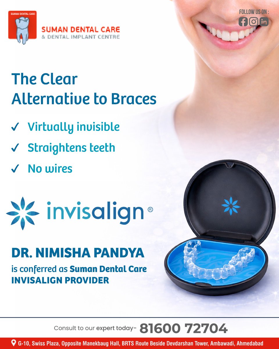 sumandentalcare's tweet image. The Clear Alternative to Braces Is Here!
Smile with confidence at Suman Dental Care – Dental Implant Centre.
Achieve perfectly aligned teeth with Invisalign, the clear alternative to braces, guided by certified provider Dr. Nimisha Pandya.

#SumanDentalCare #InvisalignProvider