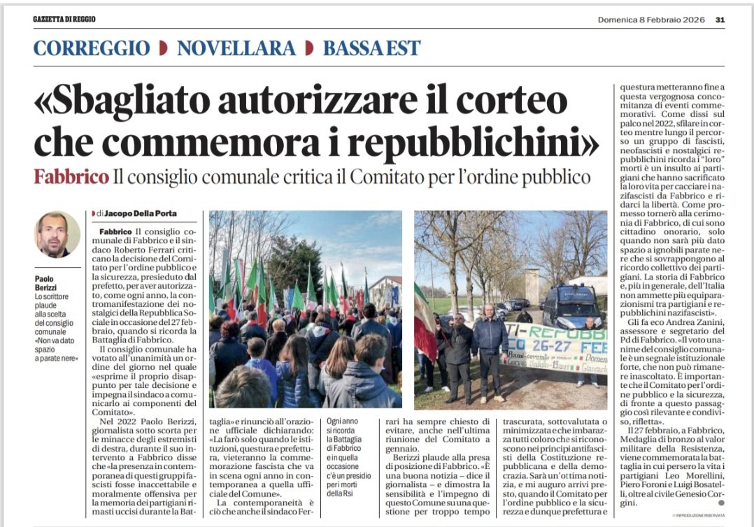 Il consiglio comunale di Fabbrico -di cui sono cittadino onorario- ha votato contro la scelta del Comitato ordine sicurezza di autorizzare la manifestazione pro-repubblichini in concomitanza con il corteo per i partigiani. Grazie al sindaco che ha accolto il mio appello. #pietre