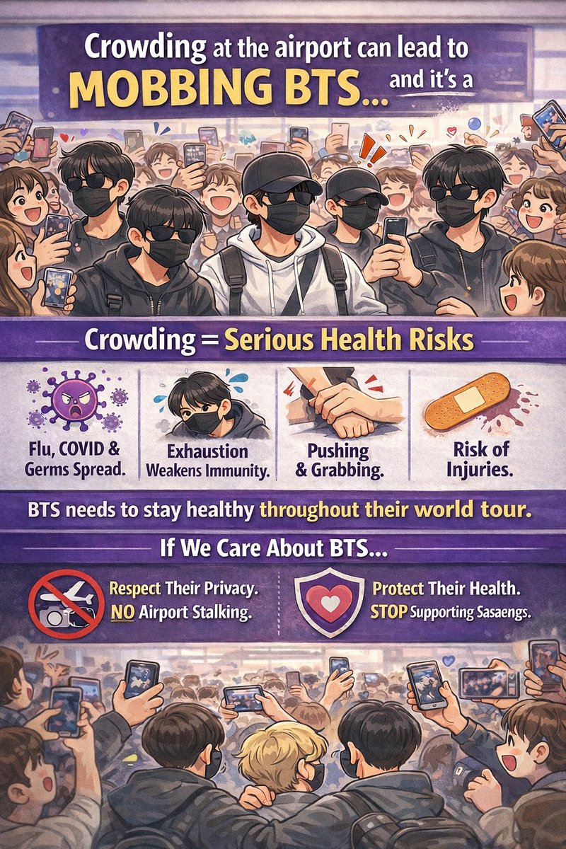 One of my biggest worries is BTS staying healthy and in top form throughout this long ARIRANG world tour. Being mobbed at airports isn’t just uncomfortable - it puts them at real risk of injuries and infections.

So please ARMY,

- Do not go to the airport or stalk them when